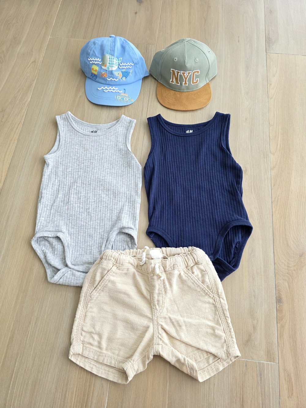 H&M Ribbed Tank Bodysuit Set with Tan Shorts